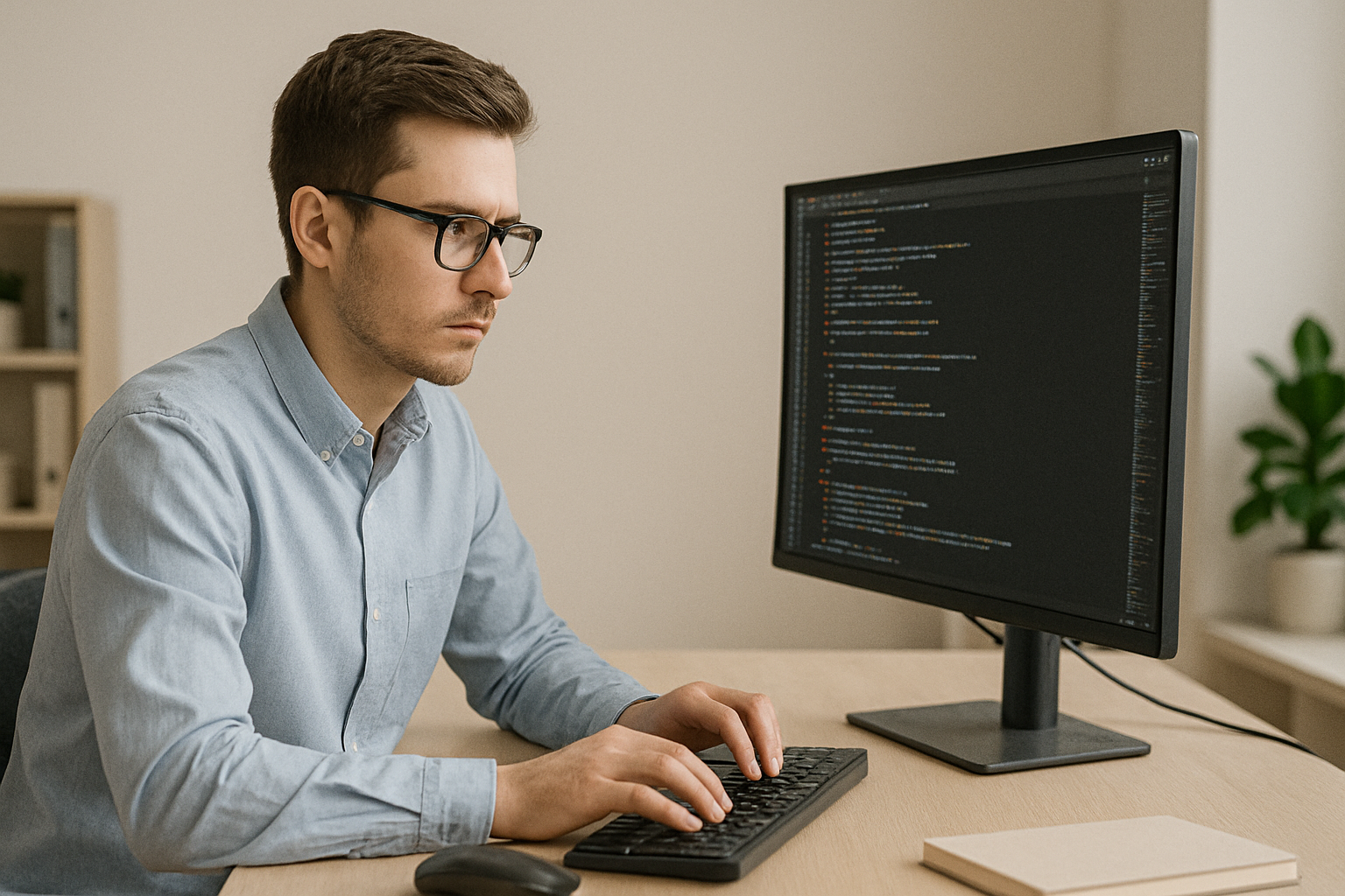 A focused developer types at a clean desk, looking at code on a large monitor in a calm, neutral-toned workspace.