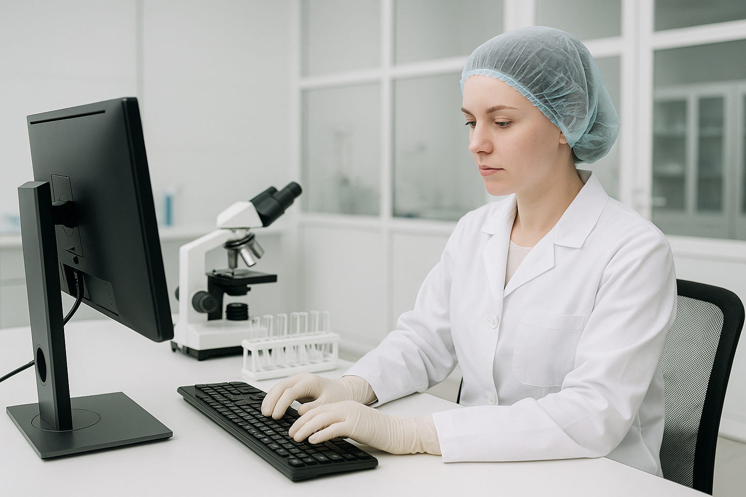 Lab technician in a white coat enters test data on a computer beside a microscope in a clean, sterile lab.