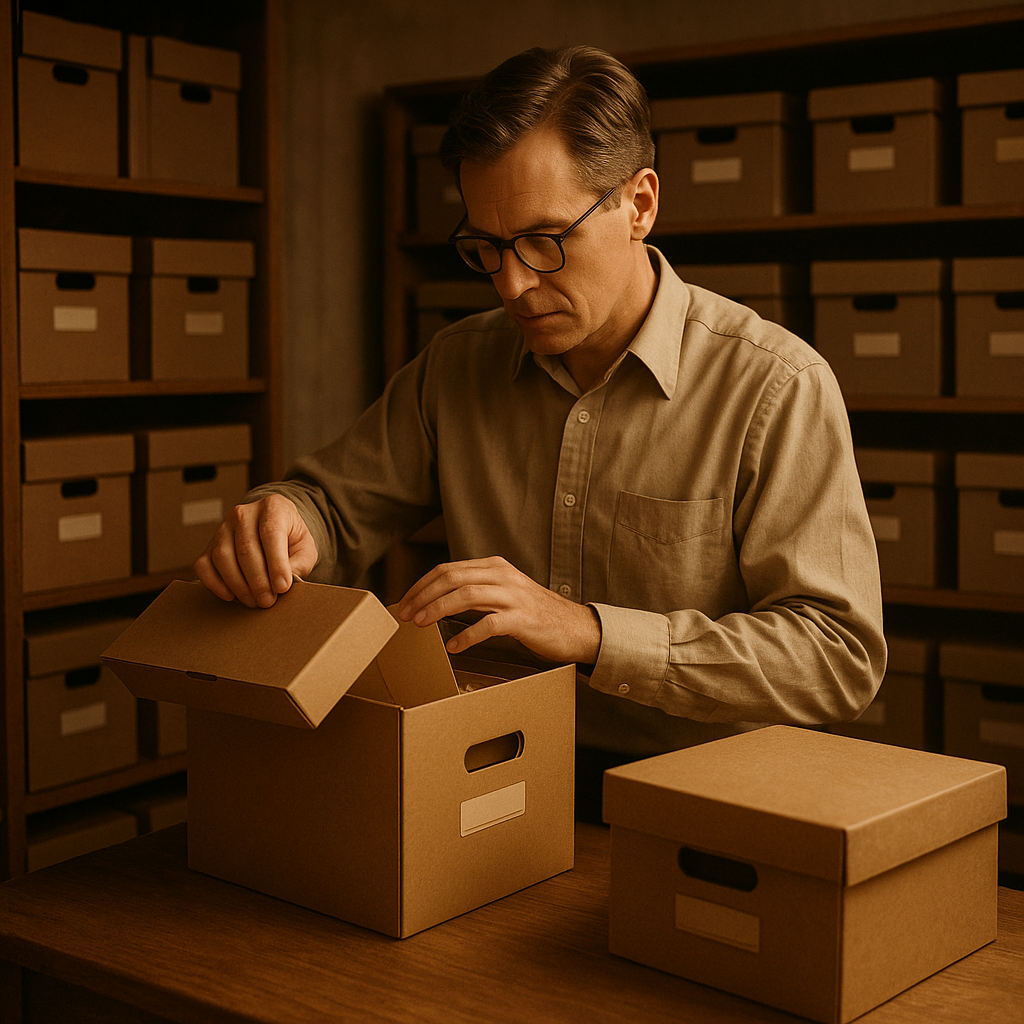 Archivist opening a cardboard file box in a warm, nostalgic office filled with neatly stacked storage boxes.