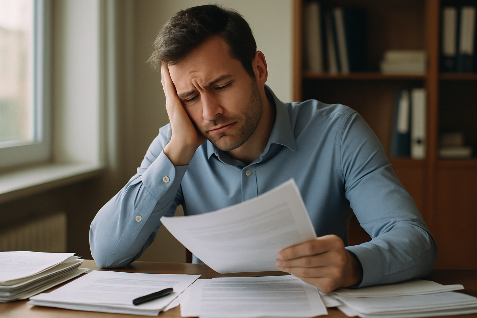 Man looking frustrated at a stack of paperwork, resting his head on his hand at a desk lit by soft daylight.