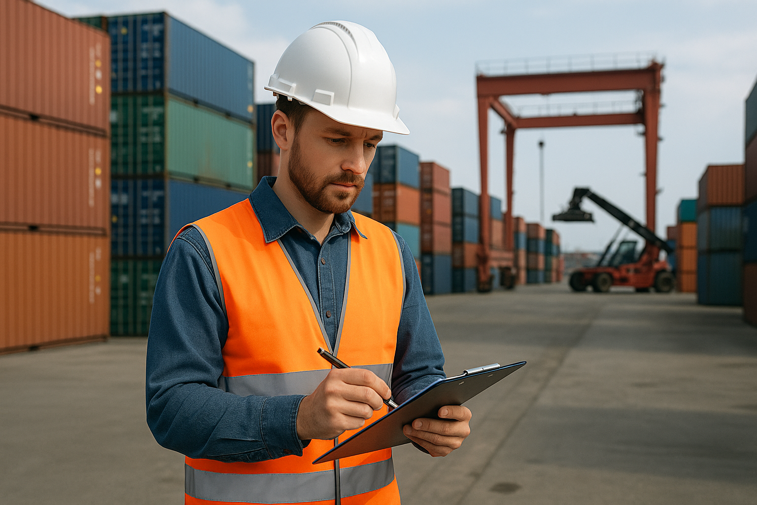 Worker in a hard hat and safety vest checks a clipboard between rows of shipping containers at an industrial cargo terminal.