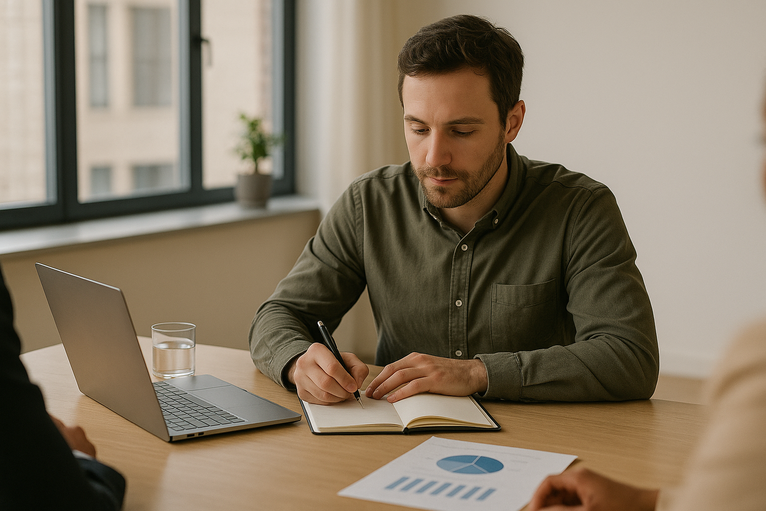 A marketer writes notes in a notebook during a meeting, seated at a desk with a laptop and charts in soft natural office light.
