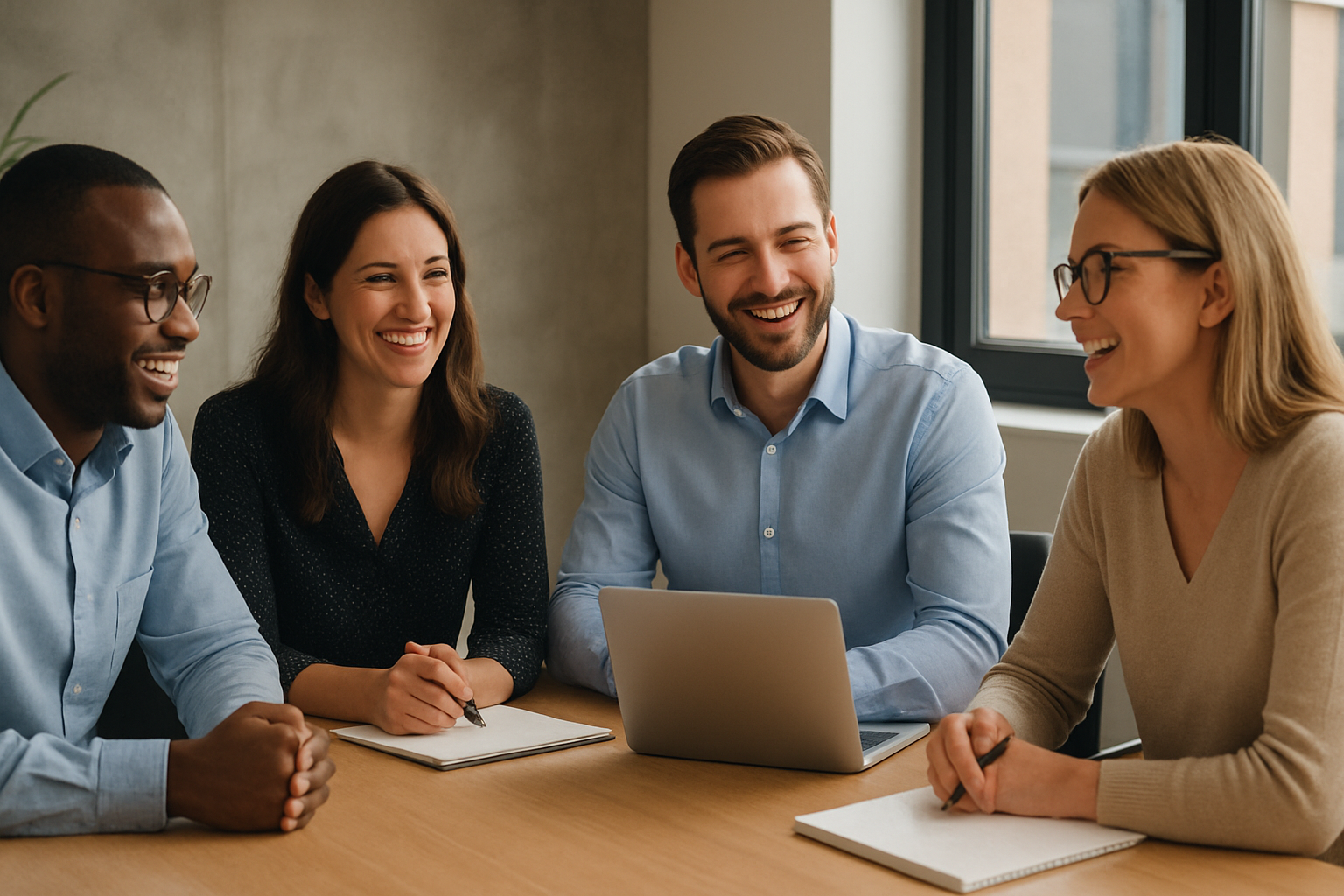 Small team of four professionals smiling and chatting around a table during a casual meeting in a bright, modern office.