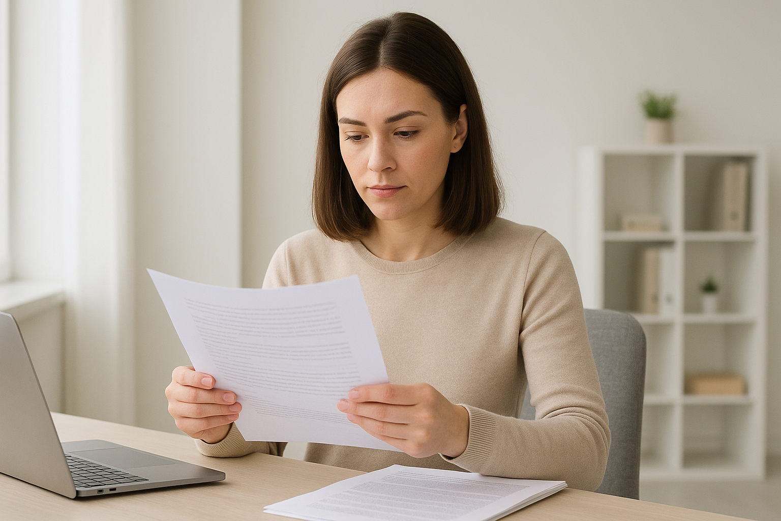 Woman in a bright office reads a printed report at her desk, with neutral decor and soft natural light around her.
