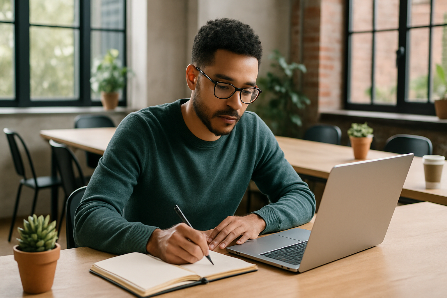 Young founder writing in a notebook beside his laptop at a bright coworking space with large windows and simple plants on a wooden table.