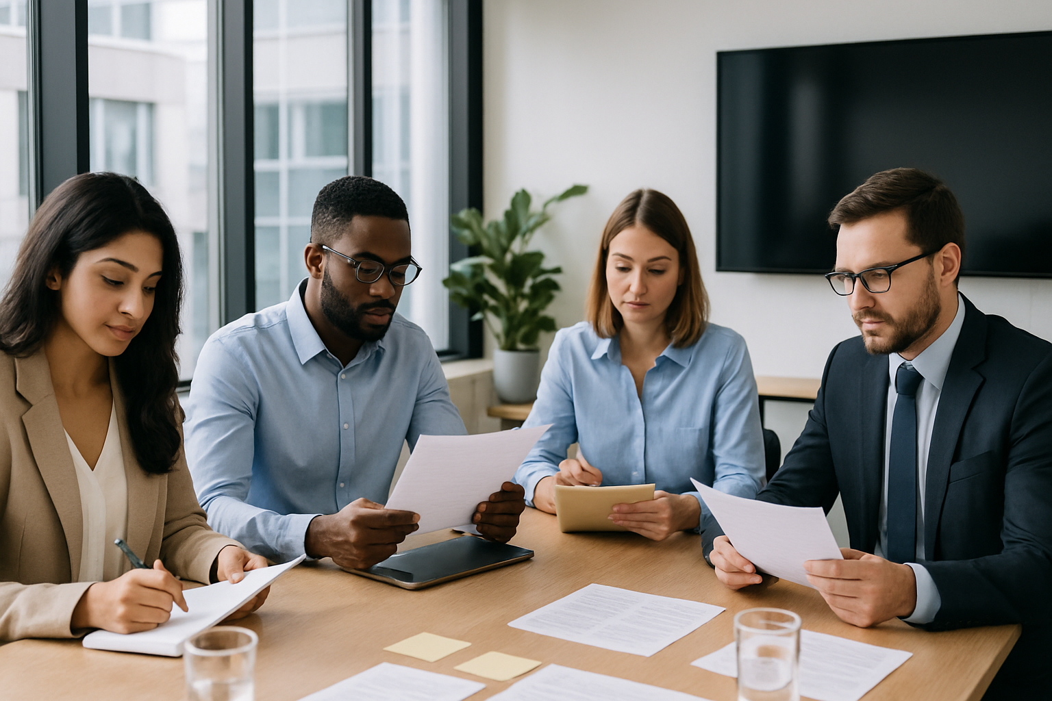A group of colleagues in a modern meeting room reviewing papers together at a wooden table with large windows in the background.