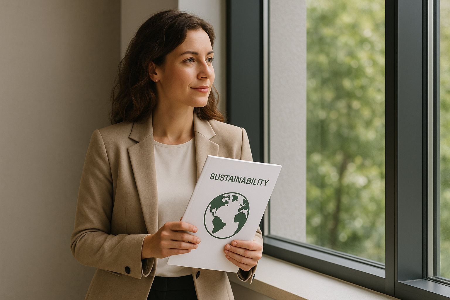 A professional stands by a window holding a sustainability report, with soft light and green trees visible outside.