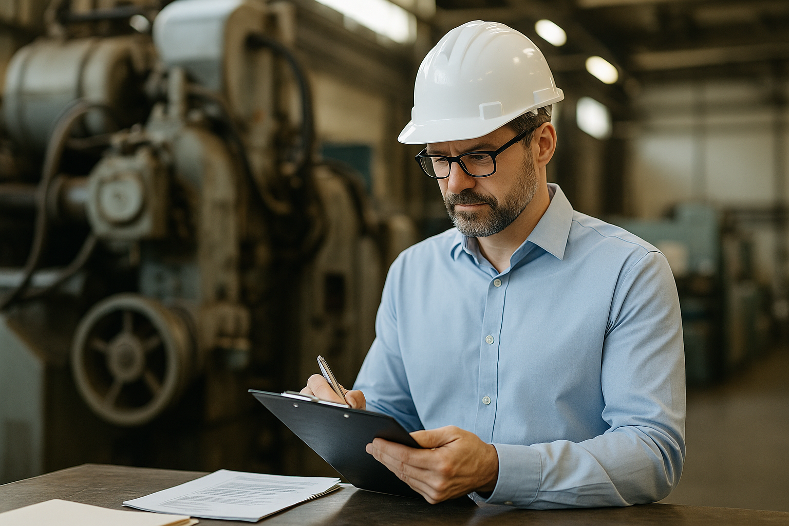 Factory supervisor in a hard hat reviewing a clipboard beside large industrial machinery under natural, authentic lighting.