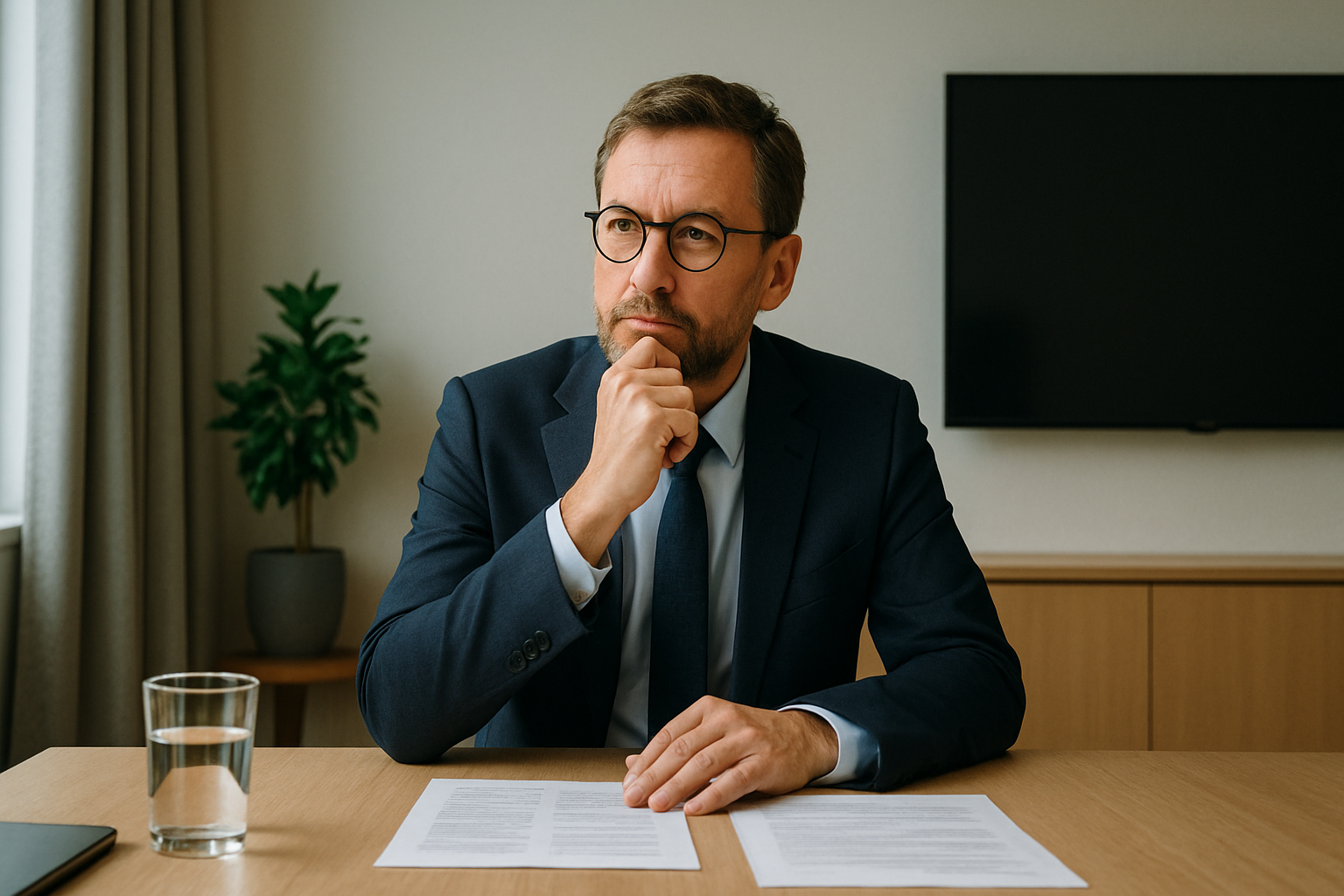 Manager in a suit sitting at a meeting table, resting his chin on his hand and looking thoughtful in a calm, softly lit office.
