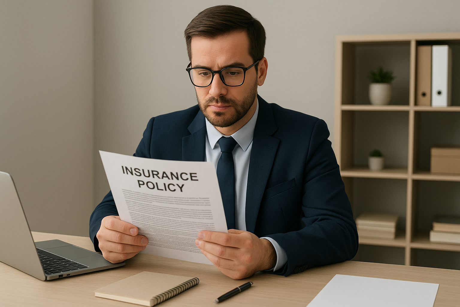A man in a suit and glasses intently reads an insurance policy at a desk with a laptop and notebook. The background includes shelves with decor.