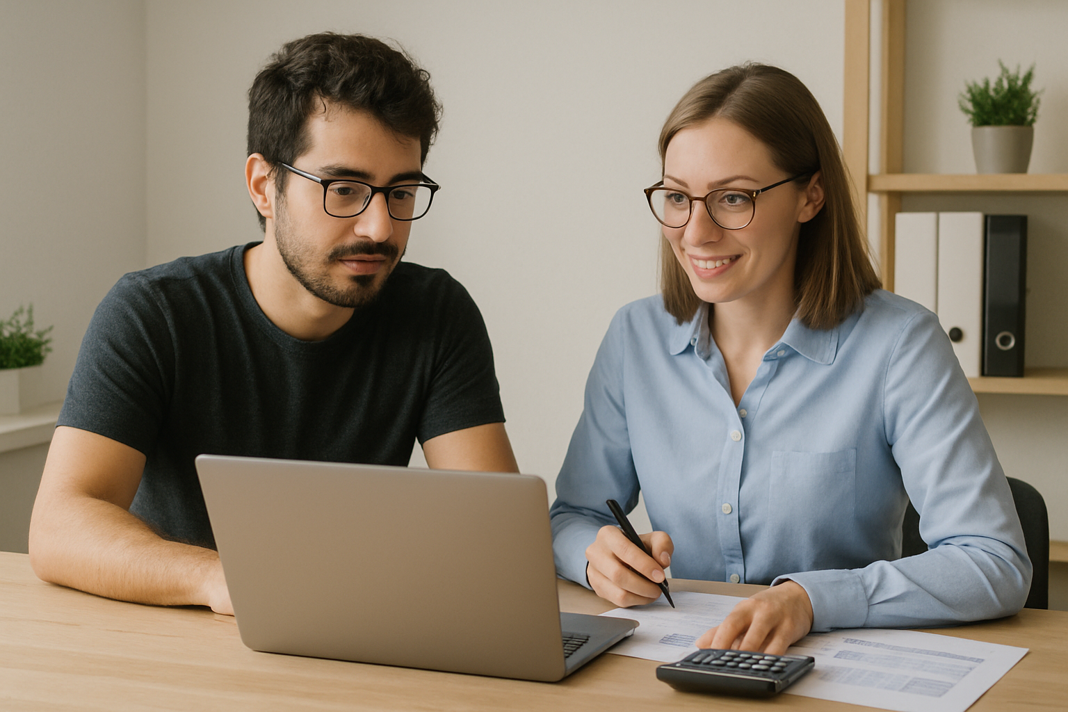 Two people sit at a desk working on a laptop. One is taking notes, and a calculator and documents are spread across the table.