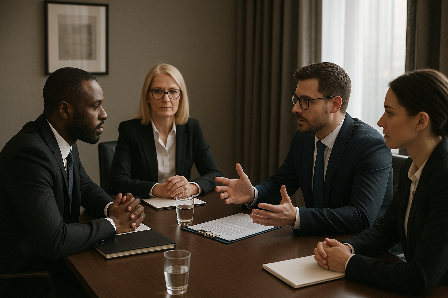 Four professionals in suits engage in a serious discussion around a conference table, with notebooks and glasses of water in front of them.