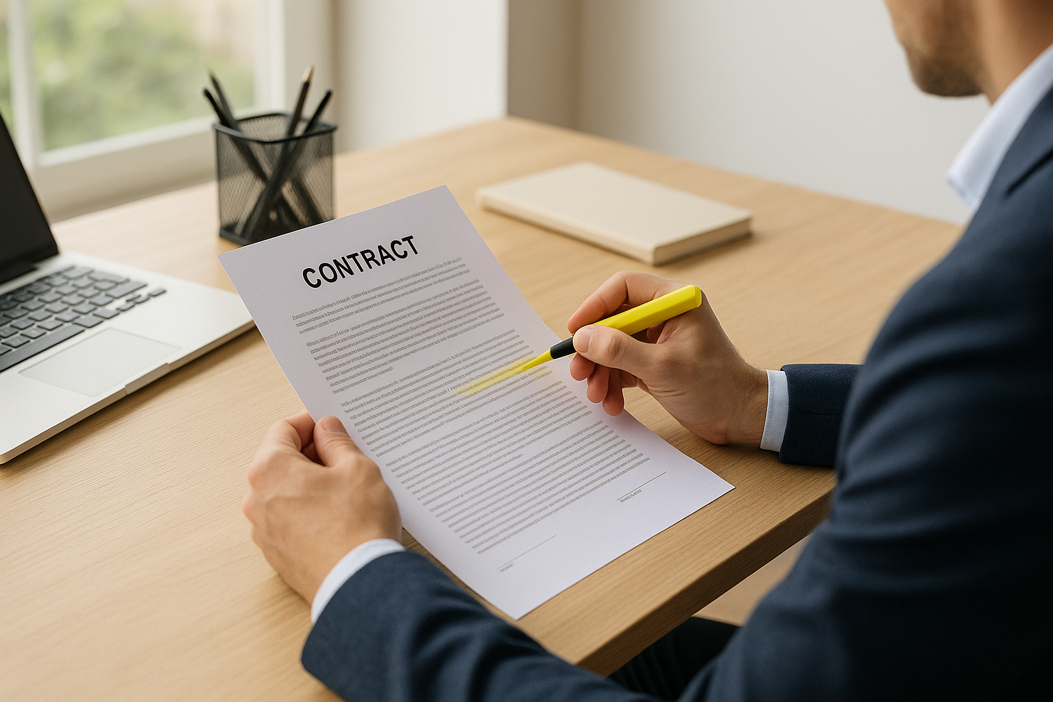 A person in a suit reviews a contract document titled "CONTRACT" on a wooden desk, holding a yellow highlighter.