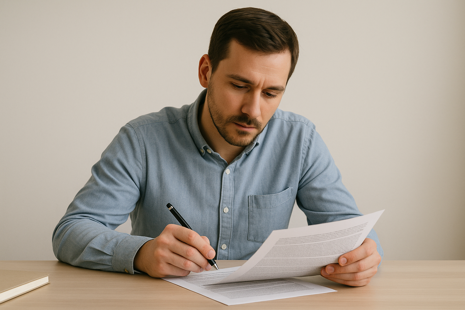 A serious man in a light blue shirt sits at a wooden table, concentrating as he signs a document with a black pen.