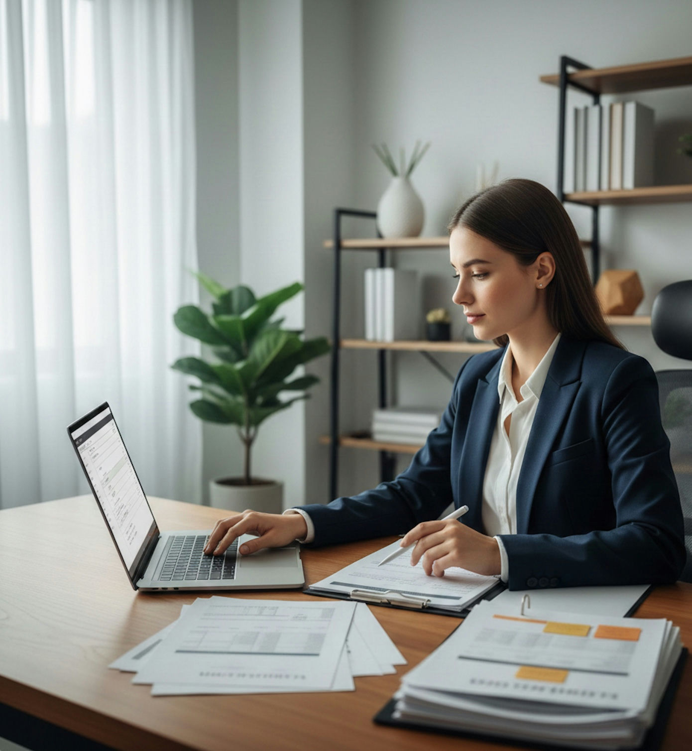 A professional woman in a navy suit works at a wooden desk, typing on a laptop and reviewing documents in a bright office.