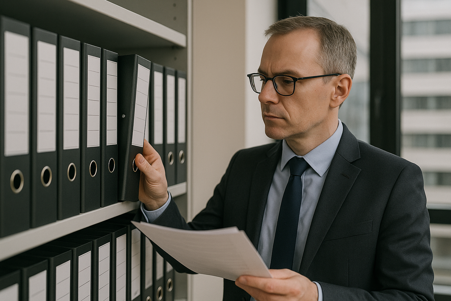 A businessman in a suit and glasses selects a black binder from a shelf while holding a stack of white papers.
