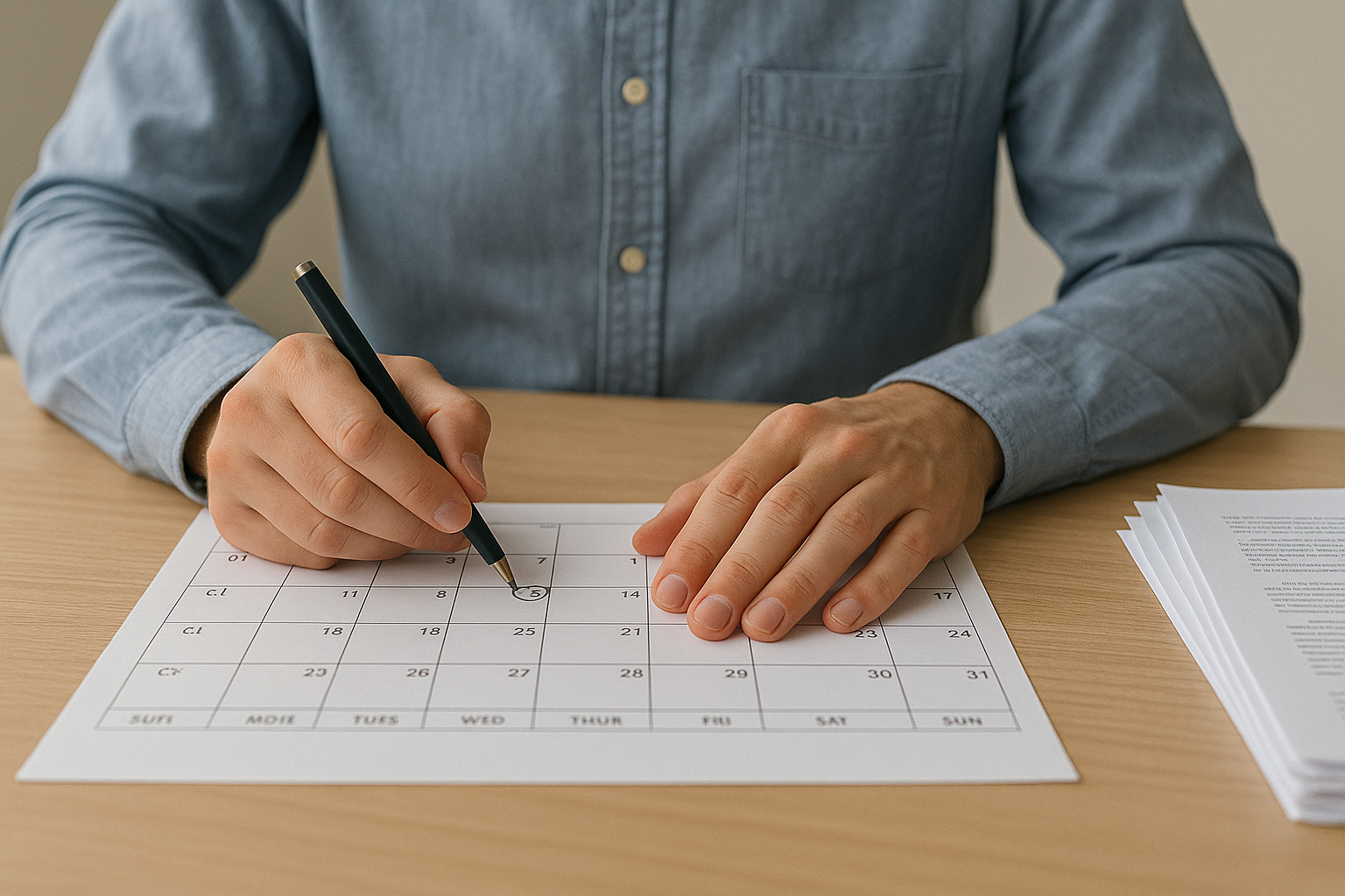 Close-up of a person circling the number 14 on a paper calendar laid on a wooden desk with a black pen.