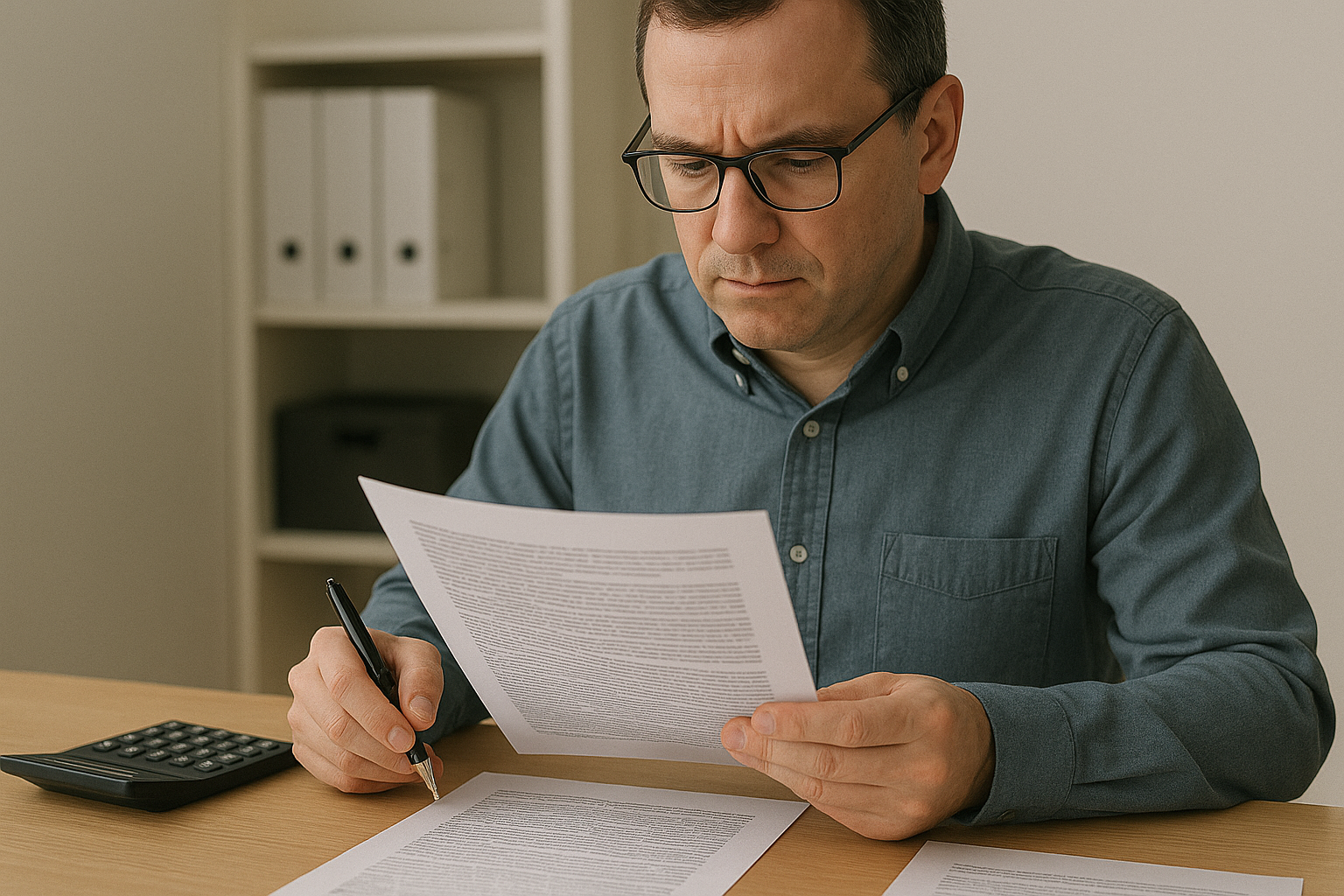 A focused man in glasses and a blue shirt reviews a document with a black pen, a calculator nearby.