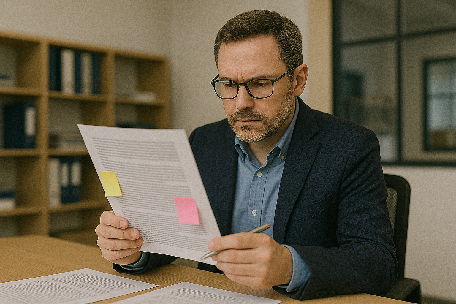 A man in a suit and glasses intently reads a document marked with yellow and pink sticky notes at his desk.