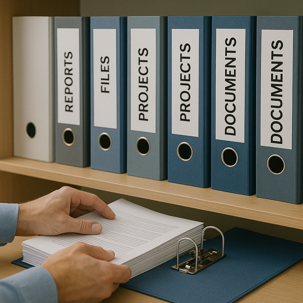 Hands organizing a stack of papers next to an empty blue binder and labeled document files on a shelf.
