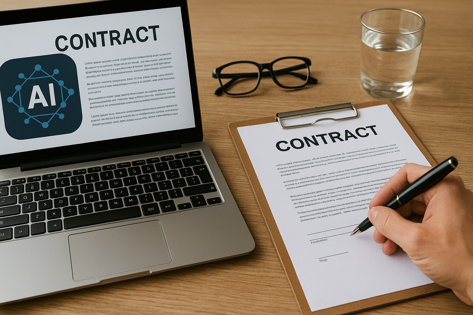 A laptop displays a contract with an AI logo, while a hand signs a printed contract on a clipboard. Black glasses and a glass of water sit nearby.
