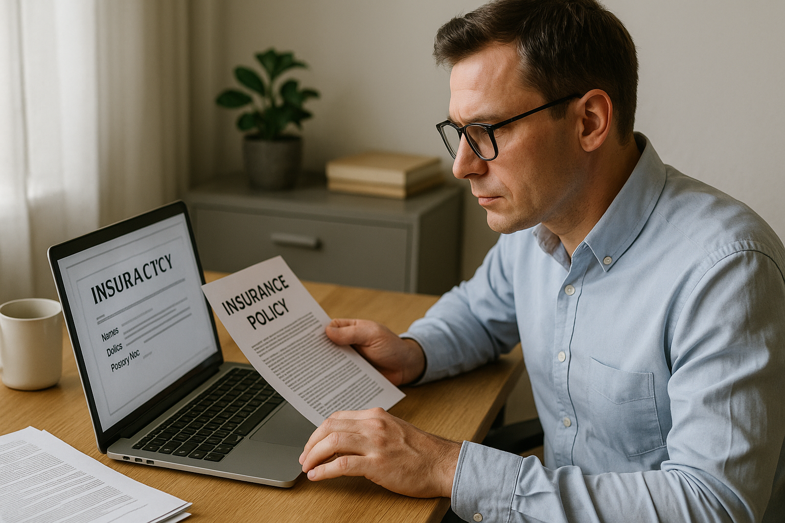 A man in glasses sits at a desk, focusing on an insurance policy document, with a laptop nearby. A small plant is in the background.