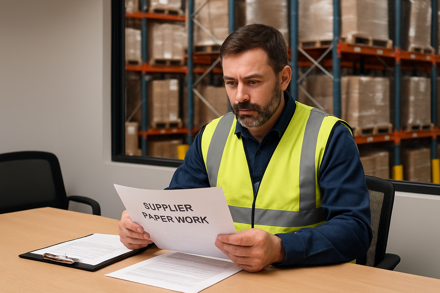 A man in a high-visibility vest reads supplier paperwork in an office. Behind him, shelves stacked with pallets are visible through a window.