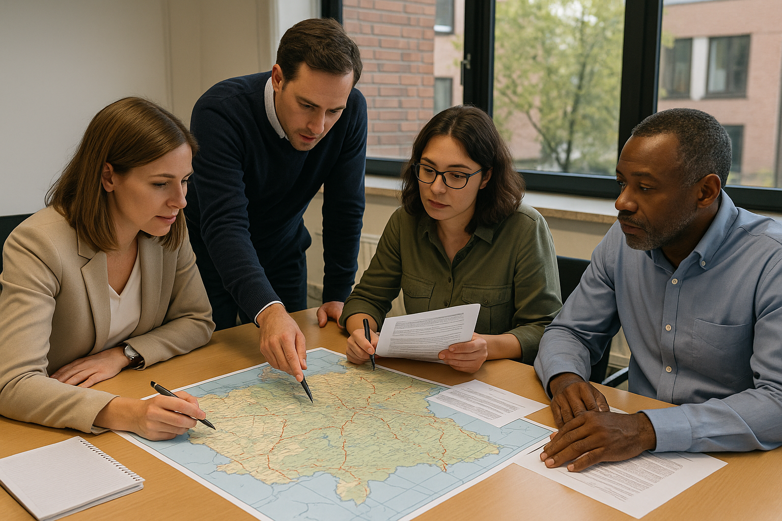 Four people sitting around a table, intensely studying a large topographic map while one person points with a pen for emphasis.