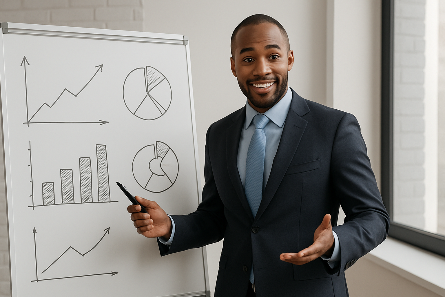 A man in a dark suit and light blue tie stands by a whiteboard with bar, line, and pie charts, smiling and gesturing with a pen.