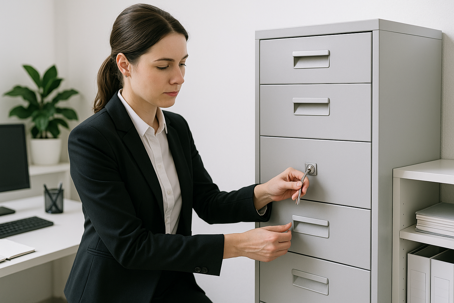 A woman in a black suit and white shirt unlocks a gray file cabinet in an office with a potted plant, computer, and document organizer.