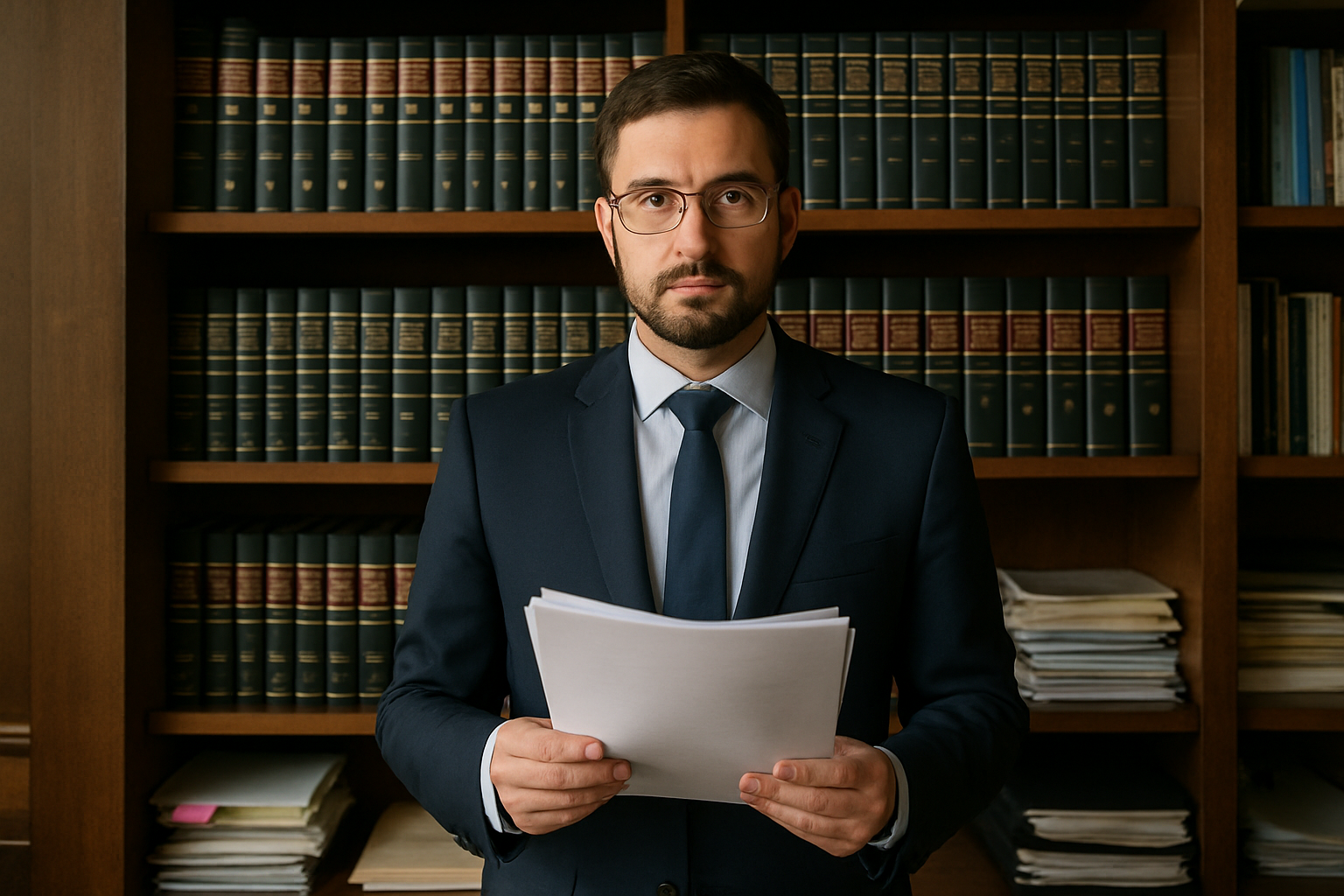 A man in a suit and glasses holds documents in front of a bookshelf filled with neatly arranged volumes and a stack of papers.