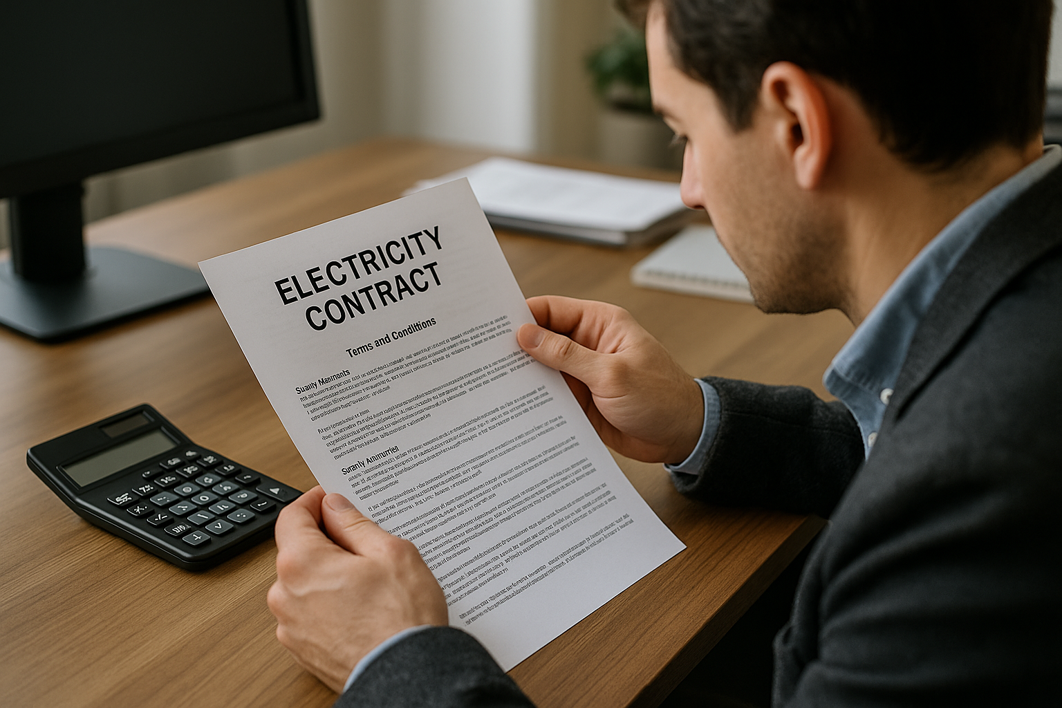 A person attentively reads an electricity contract at a wooden desk with a calculator to the side, suggesting a focus on financial details.