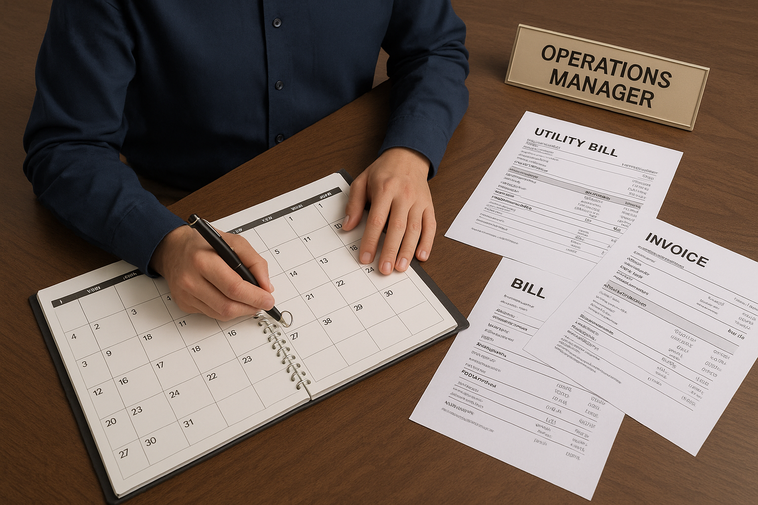 A person in a navy shirt plans on a calendar at a desk labeled "Operations Manager," with utility bills and invoices spread out nearby.