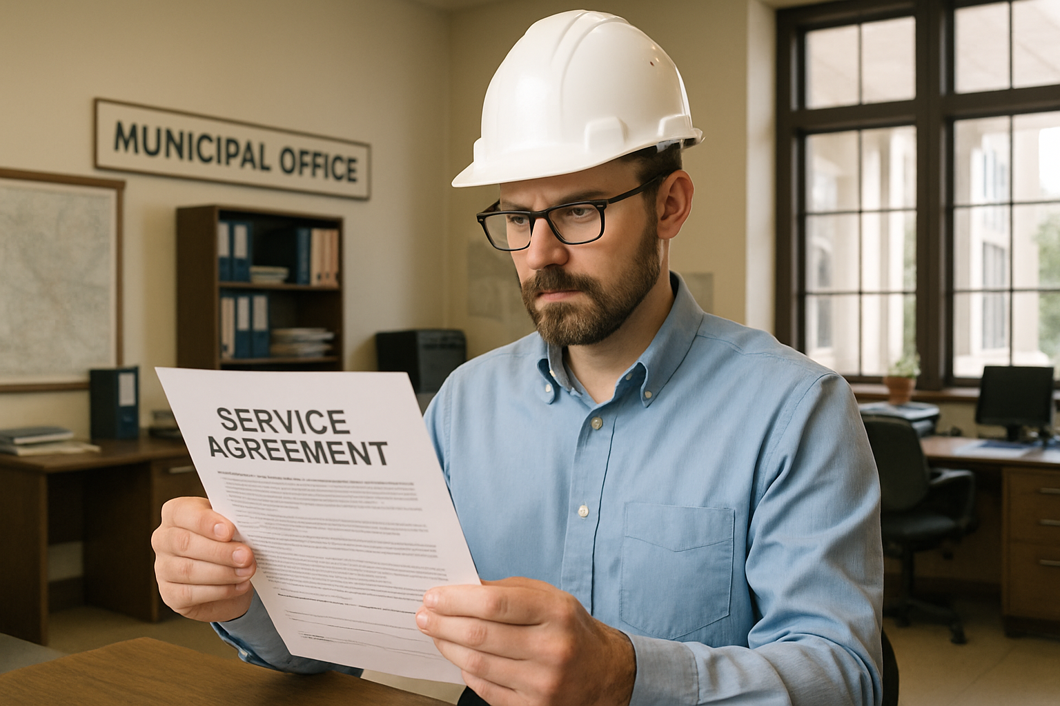 A man wearing a white hard hat and glasses studies a service agreement in a municipal office. Shelves and desks with files appear in the background.