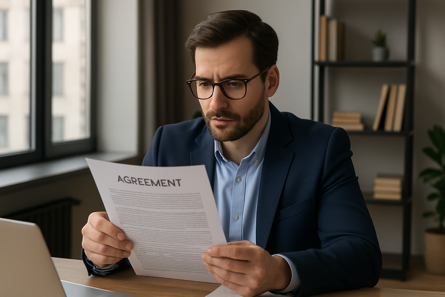 A man in glasses and a suit reads an agreement document intently at a desk. A laptop, window, and decorative shelves are in the background.