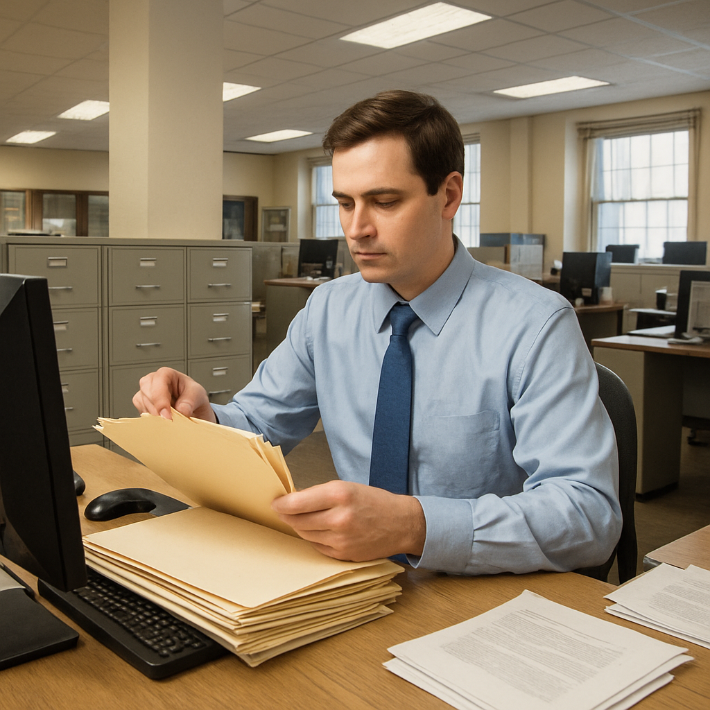 A man in a blue shirt and tie sits at a desk in an office, organizing a stack of files while focused on a computer screen.