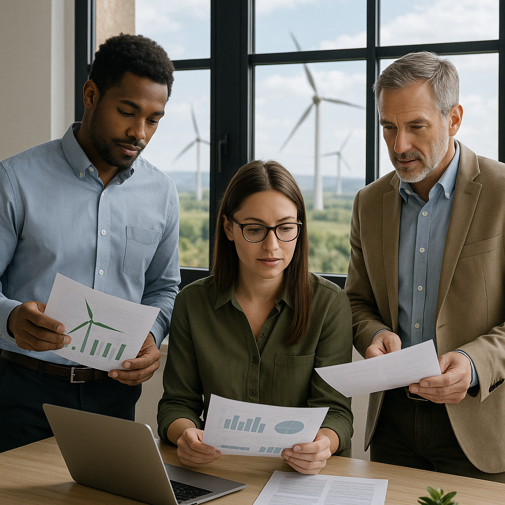 Three professionals in smart casual attire review charts and graphs in an office. Wind turbines are visible through large windows.