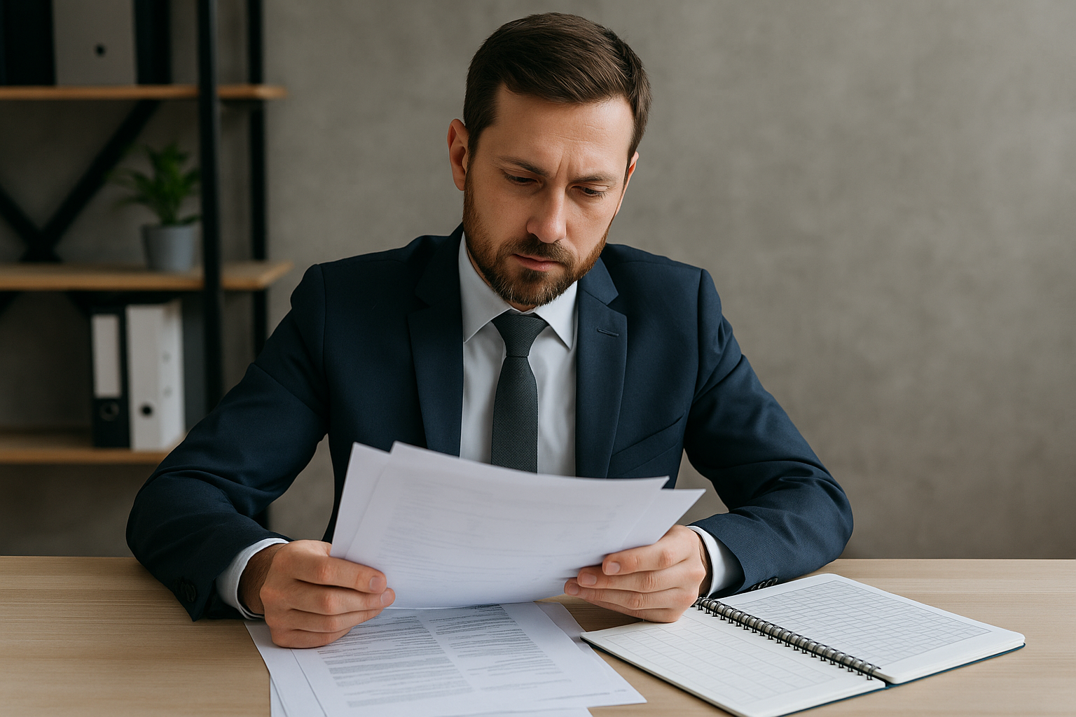Man in a dark suit and tie intently reviewing documents at a desk, with an open notebook nearby and a shelf with decorative items.