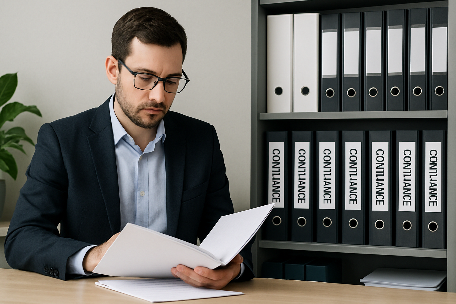 A man in a suit and glasses reads a document at a desk, surrounded by shelves filled with neatly organized compliance binders.