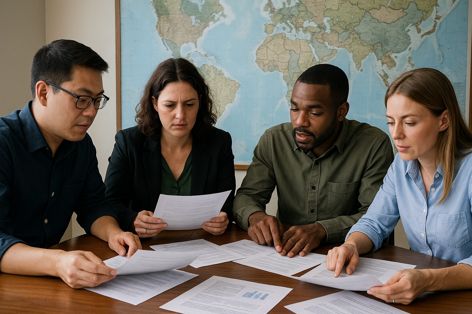 Four people are seated around a table, intently reading documents. A world map is on the wall in the background.