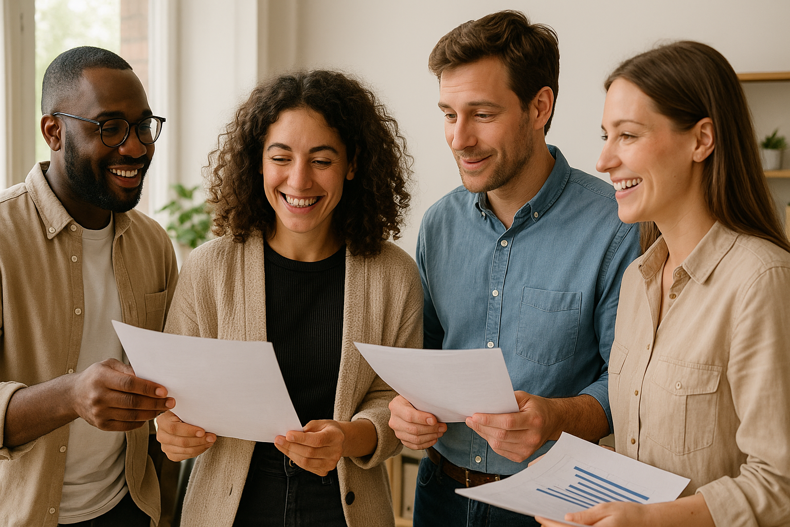 Four colleagues, smiling and holding documents, stand together in a bright office. One document contains a bar chart, indicating data analysis.
