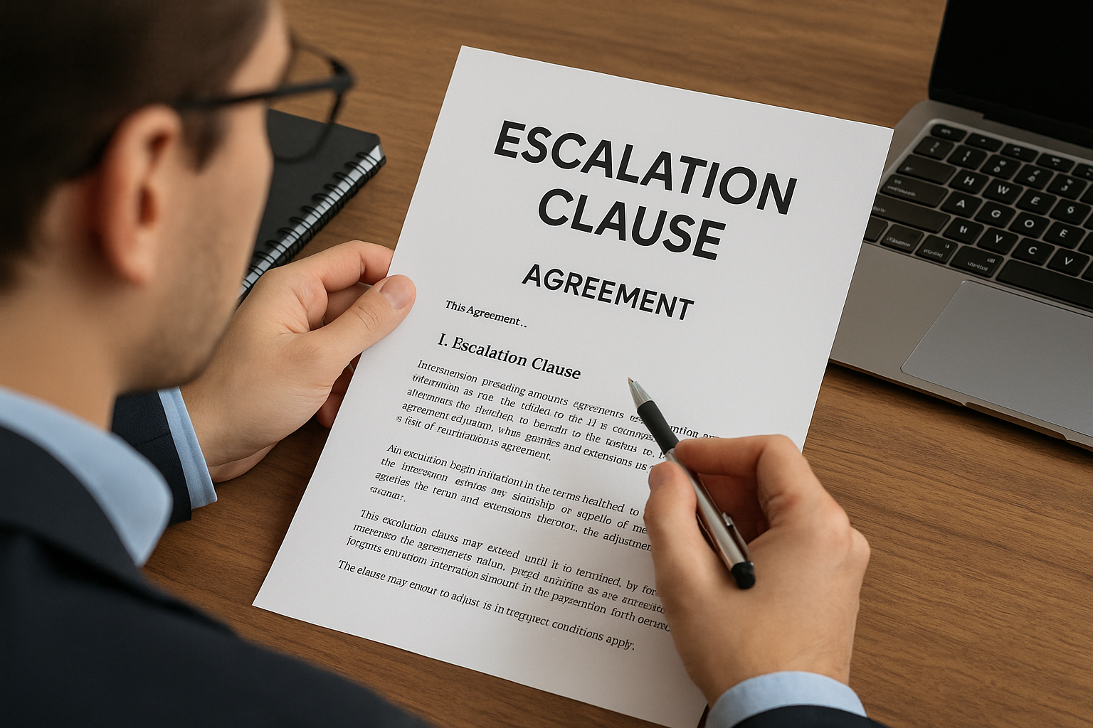 A person in formal attire reviews an "Escalation Clause Agreement" document with a pen in hand, next to a laptop and notebook on a wooden desk.