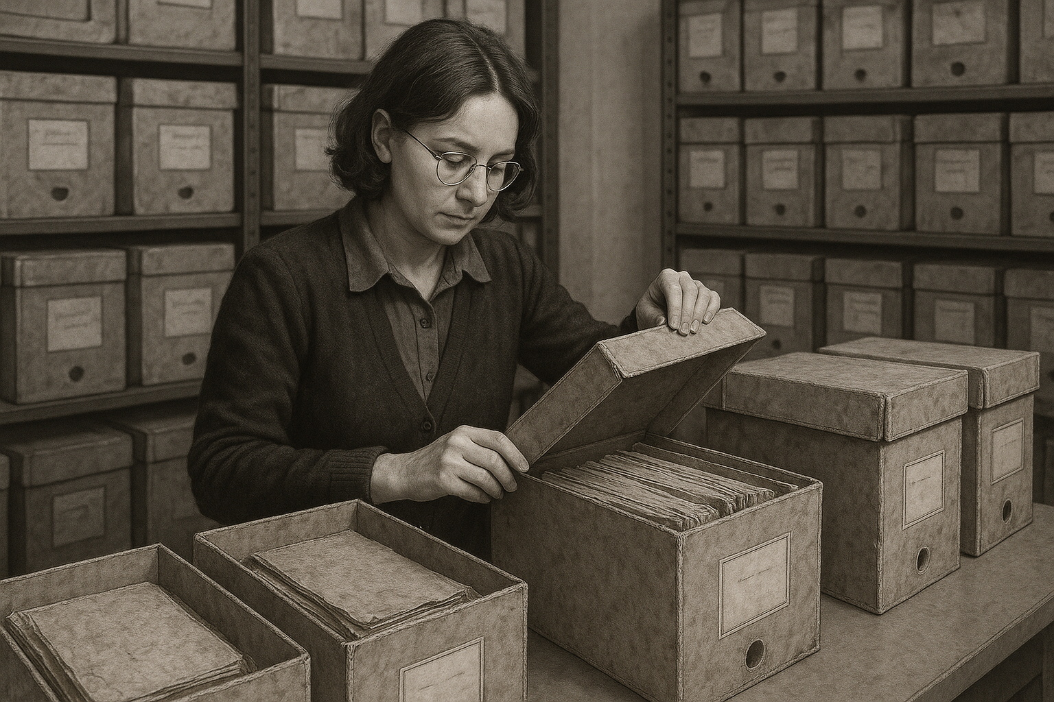 A person with glasses carefully examines files from a cardboard box in a neatly organized archive, surrounded by rows of labeled boxes.
