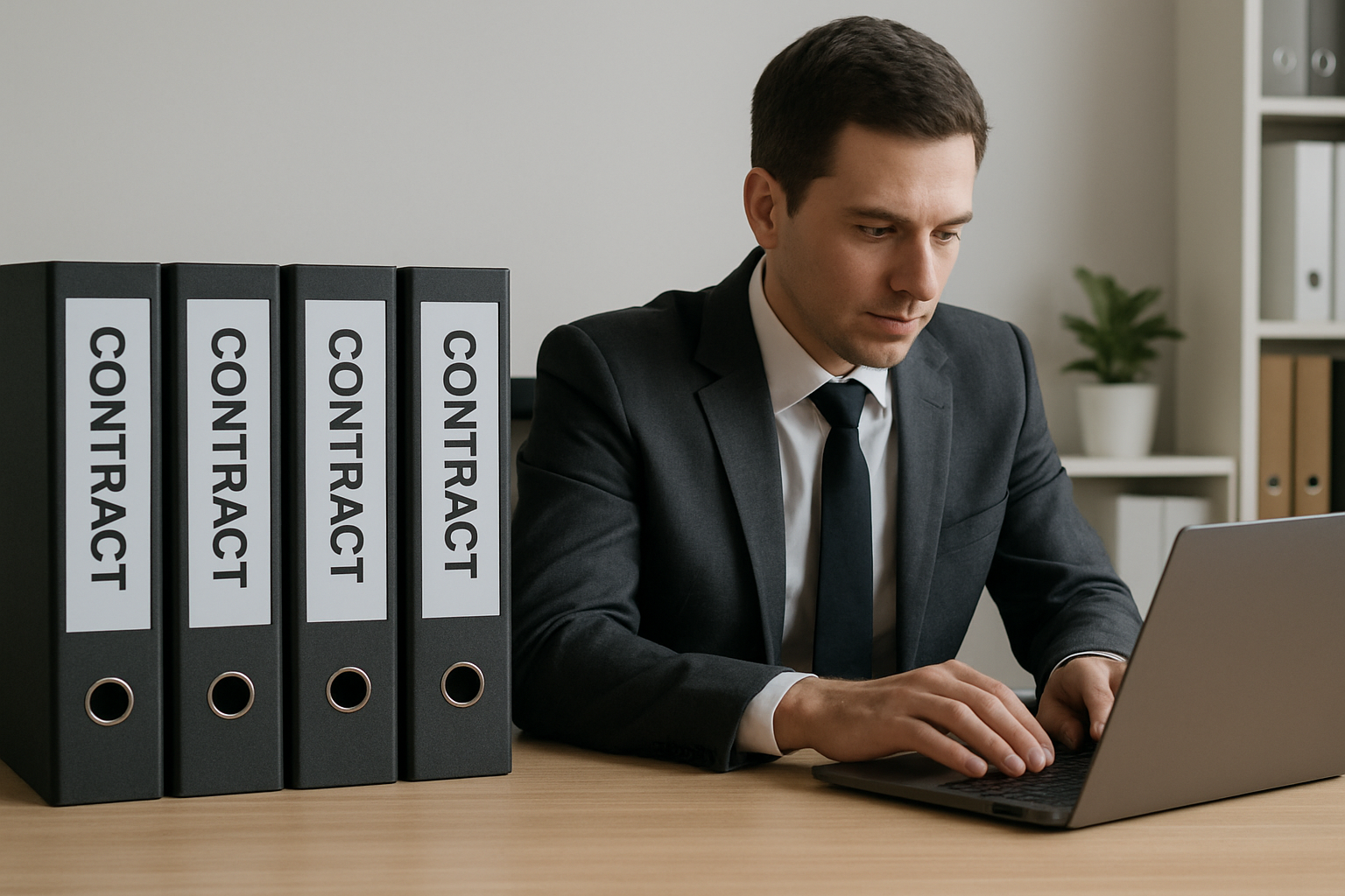 A businessman in a suit works intently on a laptop at a desk. Four binders labeled "Contract" stand in a row beside him.