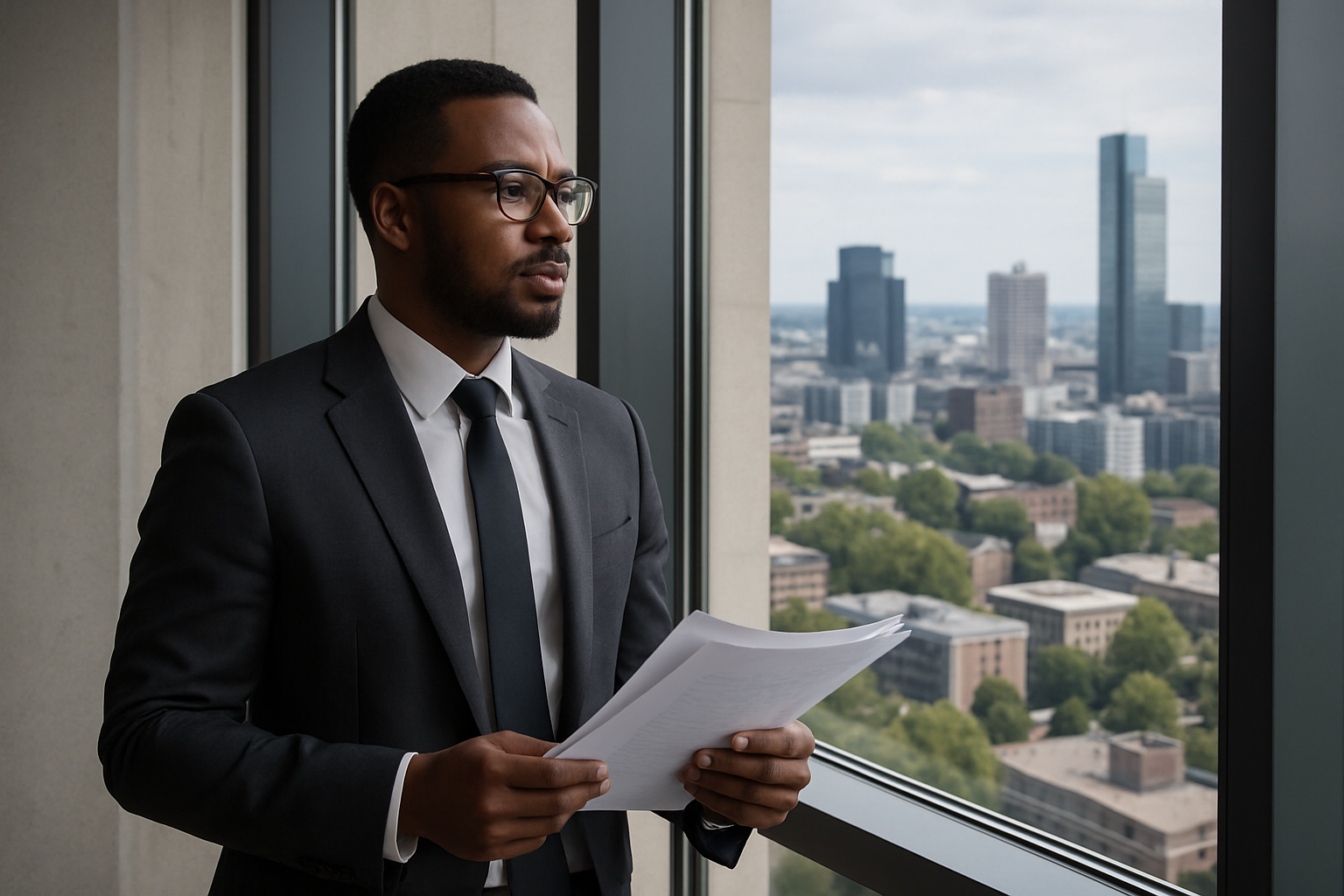 A man in a suit and tie stands near a large window, holding papers with a thoughtful expression. The city skyline is visible outside.