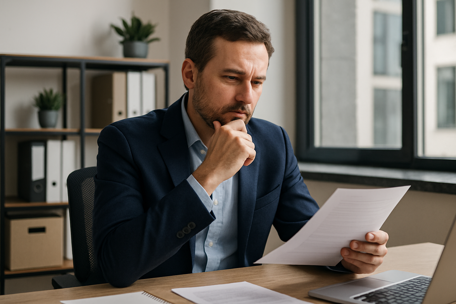 A man in a suit sits at a desk, looking thoughtfully at a paper in his hand. He is surrounded by office items like binders and a laptop.