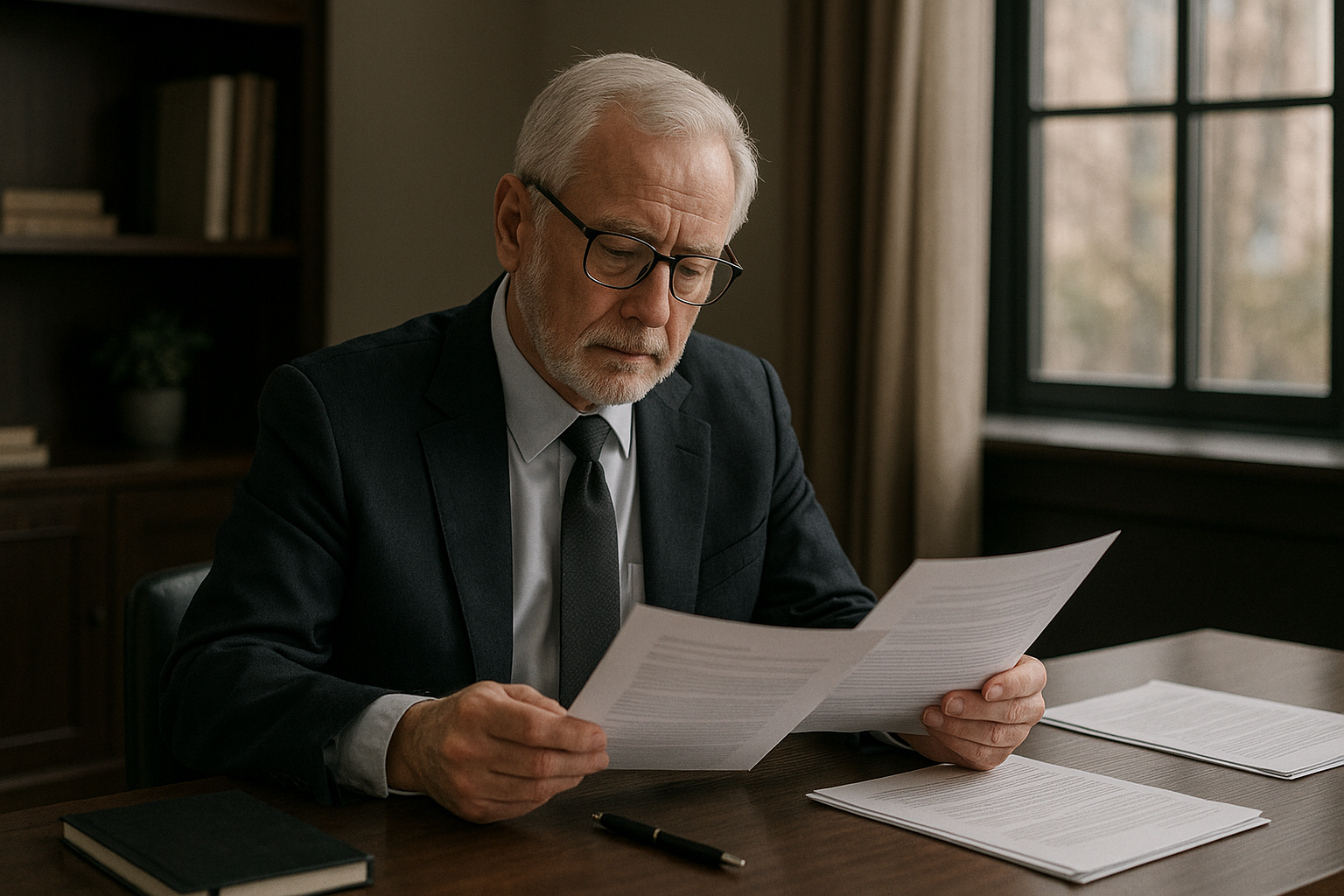 An older man with glasses reads documents at a wooden desk near a large window. He wears a dark suit and appears deep in thought.