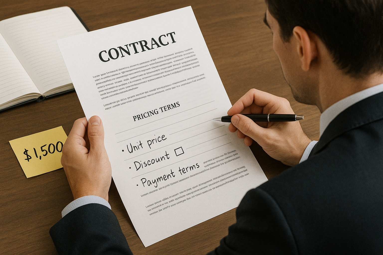 A person in a suit reviews a contract detailing pricing terms, holding a pen, with a sticky note showing "$1,500" on a wooden desk.