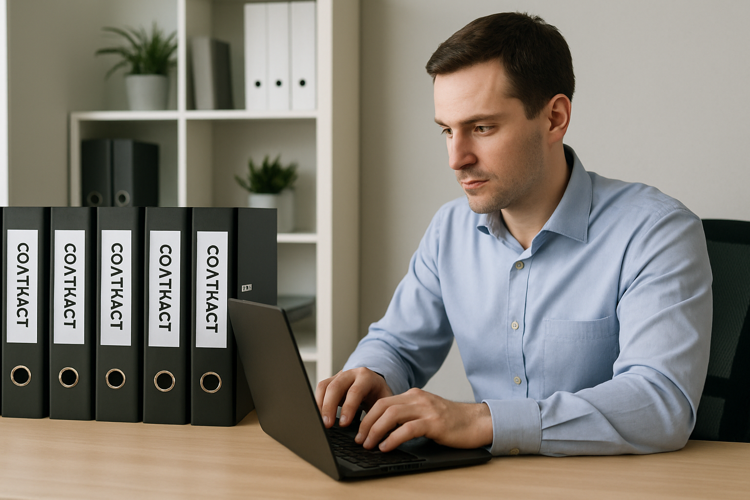 A man in a light blue shirt works intently on a laptop at a desk, with several black binders labeled in Cyrillic and decorative plants behind him.
