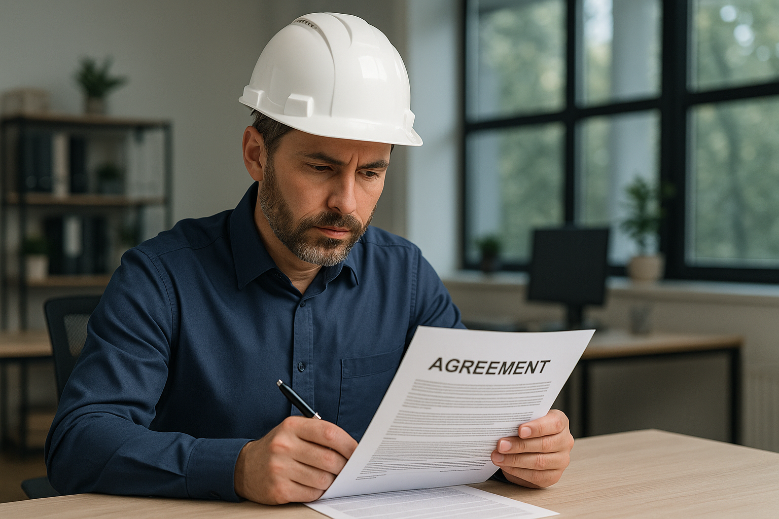 A man in a white hard hat and dark blue shirt attentively examines an agreement document at a desk in a bright, modern office space.